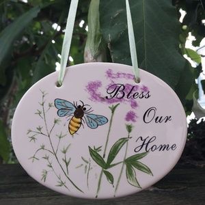 "Bless Our Home", Painted Ceramic, Wall Hanging, Bee, Flowers Plaque